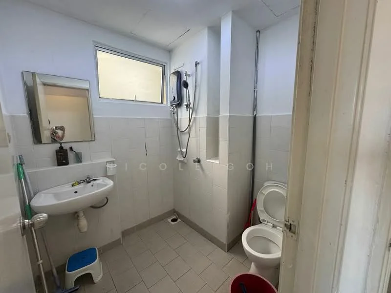 Bathroom features: white tiled walls, light grey tiled flooring, single-bowl sink, chrome basin mixer faucet, wall-mounted mirror, toilet, shower with handheld showerhead, shower wall with tiles, window for natural light.