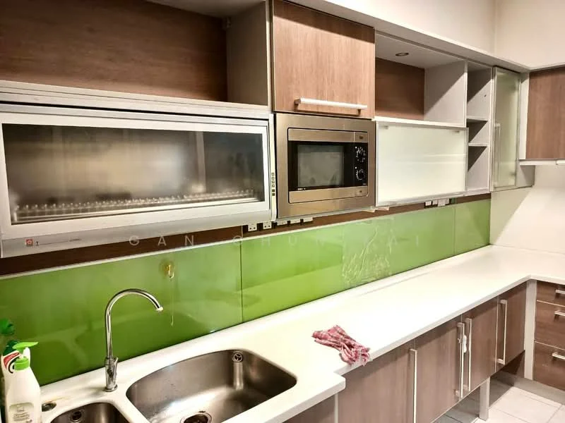 Kitchen features: single-bowl stainless-steel sink, chrome pull-down faucet, white solid surface countertop, green glass backsplash, wood cabinetry with a light finish, built-in microwave, built-in oven, open shelving, under-cabinet lighting; style: modern.