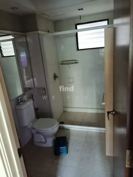 Bathroom features: one-piece toilet, walk-in shower with glass enclosure, chrome basin mixer faucet, framed mirror, tile flooring, shower shelf, window for natural light, light fixture on ceiling; style: modern.
