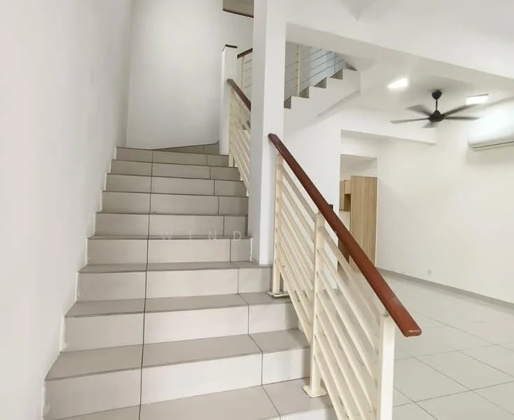 Room features: staircase with tiled steps, white painted walls, wooden handrail, metal railing, ceiling fan, wall-mounted air conditioning unit, large windows, neutral tile flooring, open space at the top of the stairs; style: modern.
