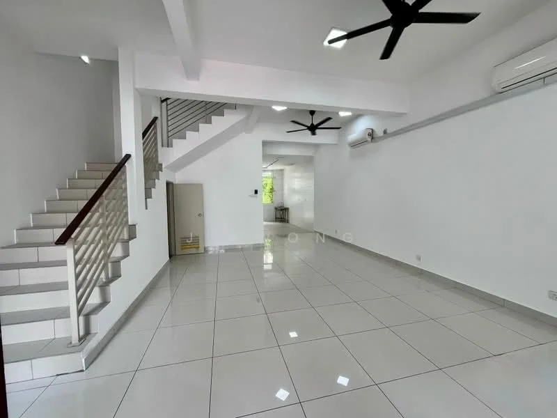 Living features: white painted walls, polished ceramic tile flooring, exposed beams on ceiling, 2 ceiling fans, large windows for natural light, staircase with metal railing, air conditioning unit, open layout; style: modern.