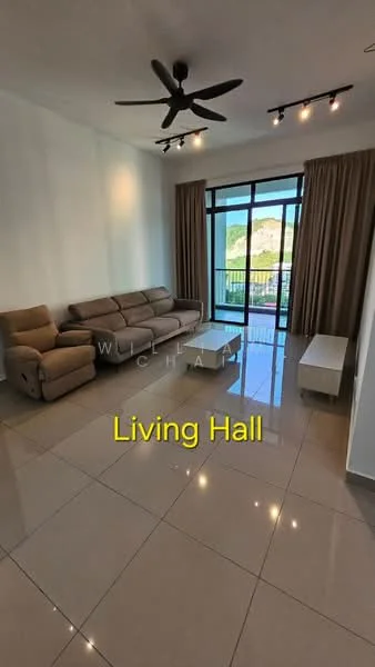 Living features: 3-seater fabric sofa in beige, ceiling fan, floor-to-ceiling windows, sliding glass door, curtains, tile flooring, wall-mounted TV, coffee table, decorative wall, light fixtures; style: modern; view: garden.
