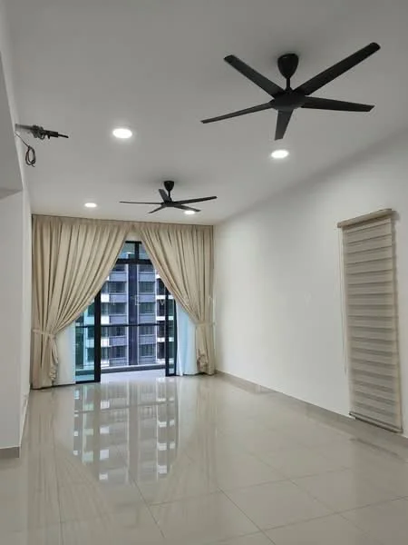 Living features: white painted walls, glossy ceramic tile flooring, 2 ceiling fans, recessed LED downlights, floor-to-ceiling windows, sheer curtains, sliding glass door, balcony view; style: modern; view: city.
