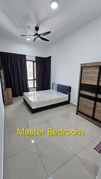 Bedroom features: queen-size bed, upholstered headboard, 2 bedside tables, ceiling fan, recessed downlights, floor-to-ceiling window, blackout curtains, glossy tile flooring, wooden wardrobe; style: modern.