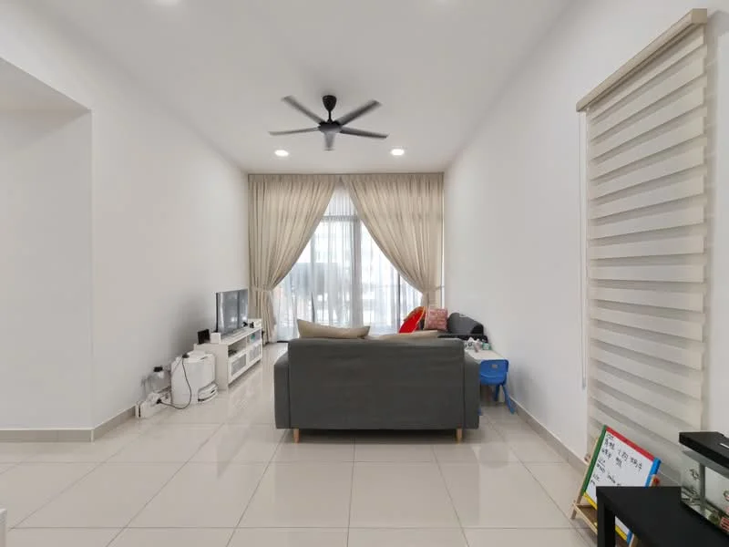 Living features: white painted walls, glossy ceramic tile flooring, 5-blade ceiling fan with light, floor-to-ceiling windows, sheer curtains, grey fabric sofa, TV console, wall-mounted TV, decorative throw pillows, area rug, coffee table, blue children's chair, decorative wall art; style: modern.