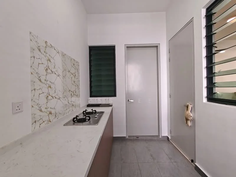 Kitchen features: white marble backsplash with gold veining, laminate cabinetry in brown, double-burner gas hob, white countertop, grey tile flooring, green louvered windows, single door, wall-mounted electrical outlet; style: modern.