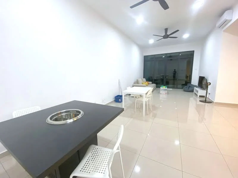Living features: white painted walls, glossy tile flooring, 2 ceiling fans, large glass sliding door, sofa in neutral color, dining table with built-in grill, white plastic chairs, recessed ceiling lights; style: modern.