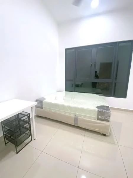 Bedroom features: white painted walls, tile flooring, queen-size bed, bed frame with mattress, ceiling fan, large windows with dark frames, natural light, side table, storage unit with drawers; style: modern.