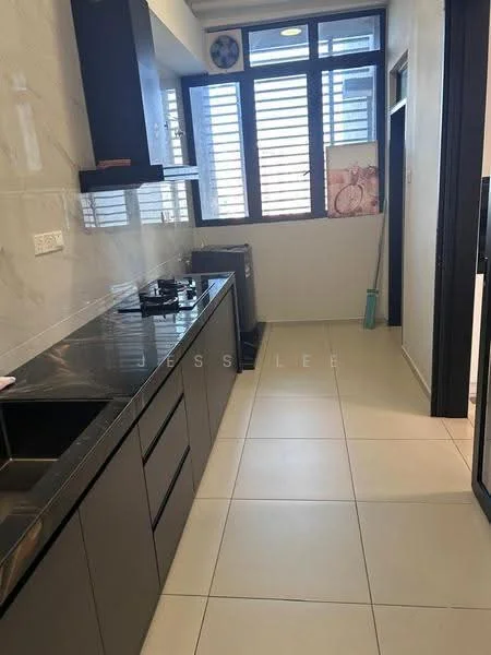 Kitchen features: black cabinetry, marble countertop, built-in gas hob, stainless-steel sink, grey tiled backsplash, floor-to-ceiling windows, sliding window treatments, white tiled flooring, refrigerator, wall-mounted exhaust hood; style: modern.