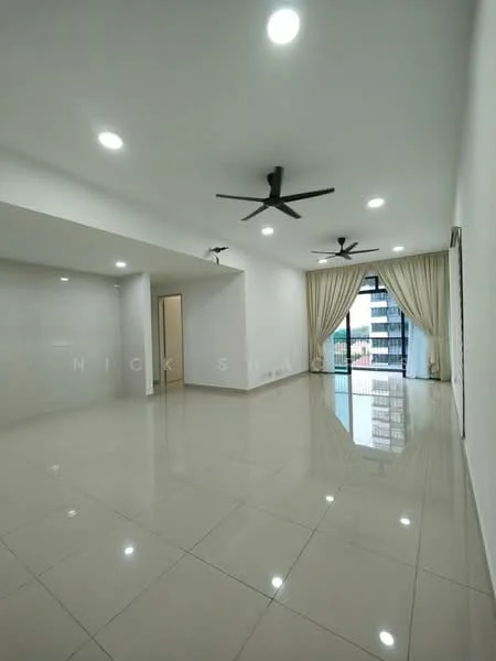 Living features: white painted walls, glossy ceramic tile flooring, 5-blade ceiling fan with light, 5-blade ceiling fan with light, floor-to-ceiling windows, sheer curtains, natural light, open layout, recessed downlights; style: modern; view: city.