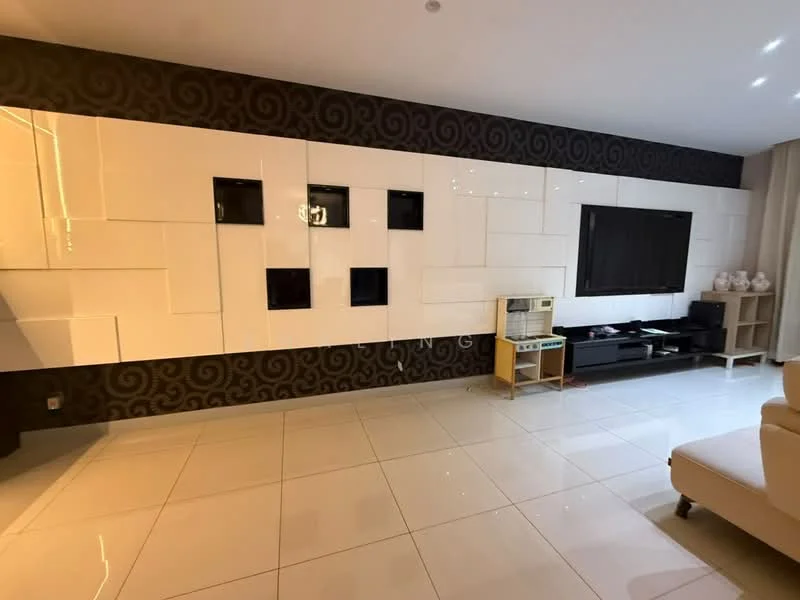 Living features: white glossy wall panels, black accent wall with pattern, large flat-screen TV, black entertainment unit, cream-colored sofa, white tiled flooring, recessed ceiling lights, decorative vases on shelves; style: modern.