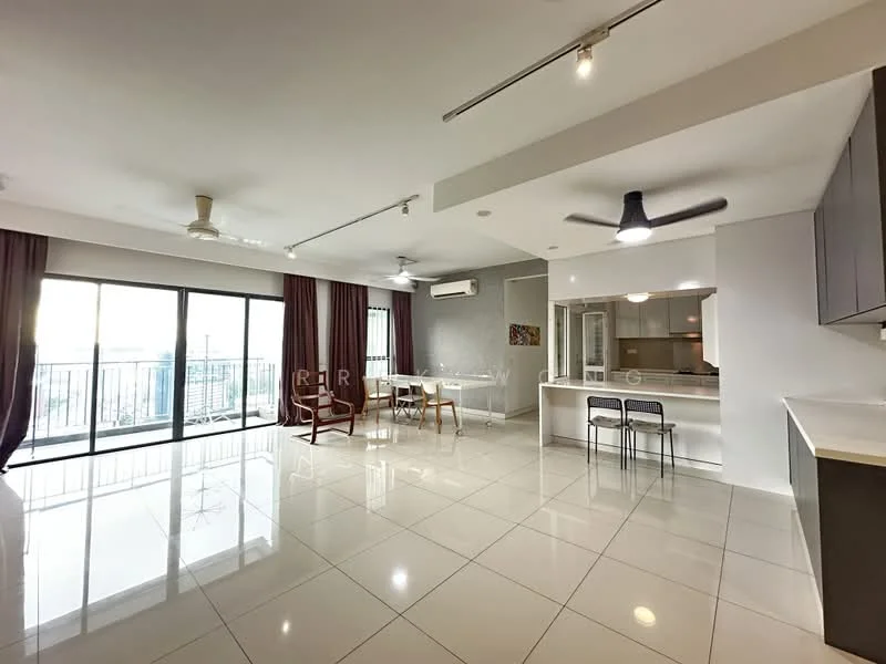 Living features: large floor-to-ceiling windows, sliding glass door, white painted walls, recessed downlights, 5-blade ceiling fan, 3-seater dining table, 4 dining chairs, open kitchen layout, polished ceramic tile flooring, air conditioning unit, grey cabinetry, bar stools at kitchen counter; style: modern; view: city.