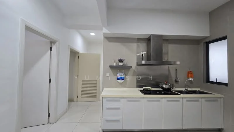 Kitchen features: white shaker cabinets, black countertop, double-bowl stainless-steel sink, chrome pull-down faucet, built-in stove, stainless-steel range hood, tile backsplash, ceramic tile flooring, recessed downlights, window with black frame, wall-mounted cabinet, open shelving; style: modern. Room features: white painted walls, door to hallway, door to utility area.