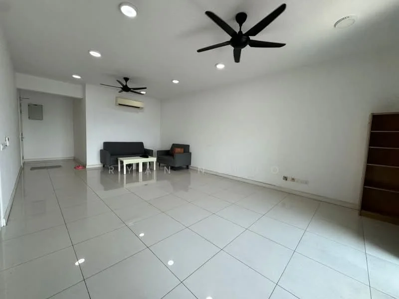 Living features: white painted walls, polished ceramic tile flooring, 5-blade ceiling fan with light, 2-seater fabric sofa in grey, 3-seater fabric sofa in grey, coffee table, wall-mounted air conditioning unit, built-in wooden bookshelf, recessed downlights; style: modern.