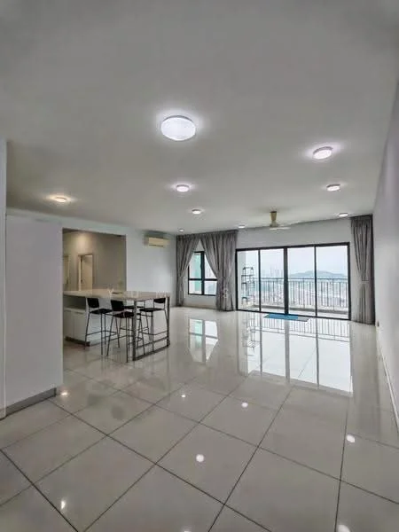 Living features: glossy ceramic tile flooring, white painted walls, recessed downlights, 5-blade ceiling fan with light, floor-to-ceiling windows, sliding glass door, sheer curtains, open-plan layout, dining area with bar stools, view of city skyline; style: modern; view: city. Kitchen features: white cabinetry, island countertop, stainless-steel appliances; style: modern.