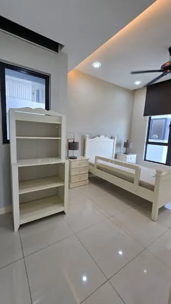 Bedroom features: white painted walls, glossy tile flooring, ceiling fan, single bed frame, white bedside table, white bookshelf, window with black frame, natural light from window; style: modern.