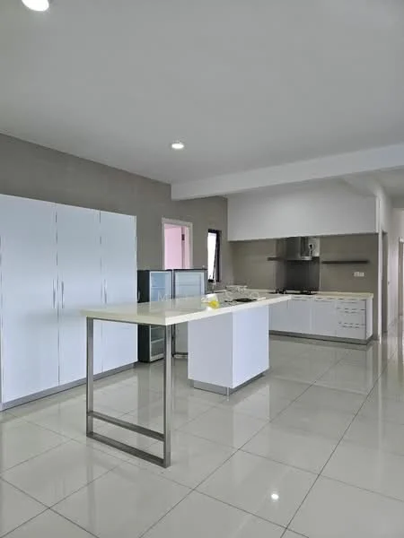 Kitchen features: white cabinetry, stainless-steel appliances, island countertop with white surface, built-in oven, stainless-steel range hood, ceramic tile flooring, grey accent wall, recessed downlights, double-door fridge, open shelving, sink, modern faucet; style: modern.