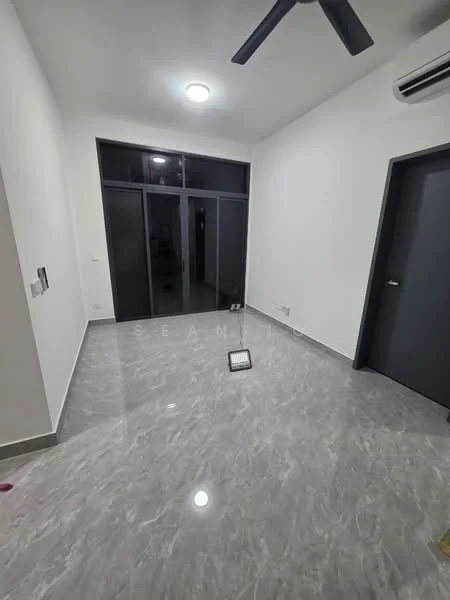 Room features: grey marble tile flooring, white painted walls, recessed ceiling lights, 1 ceiling fan, sliding glass door, large windows, air conditioning unit, dark grey door; style: modern.