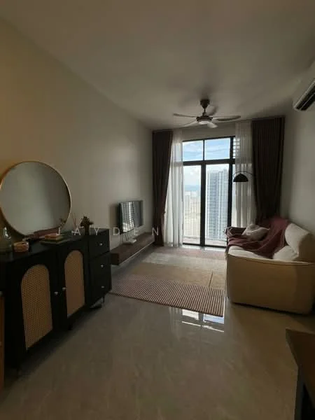 Living features: 3-seater fabric sofa in beige, 2-seater fabric sofa in maroon, round coffee table, TV console, wall-mounted TV, area rug with geometric pattern, floor-to-ceiling windows, curtains, ceiling fan with light, decorative mirror, marble tile flooring, light-colored painted walls; style: modern; view: city.
