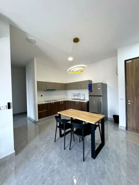 Kitchen features: grey and brown cabinetry, white countertop, stainless-steel fridge, built-in oven, 4-burner gas hob, single-bowl stainless-steel sink, chrome pull-down faucet, pendant light fixture, dining table with black legs, 4 black dining chairs, grey tile flooring, white painted walls; style: modern.