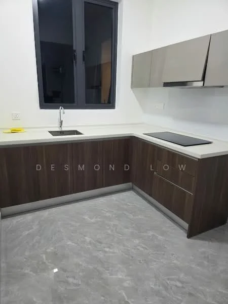 Kitchen features: single-bowl stainless-steel sink, chrome pull-down faucet, quartz countertop, laminate cabinetry in dark wood finish, built-in cooktop, grey tile flooring, wall-mounted cabinets, window with black frame; style: modern.