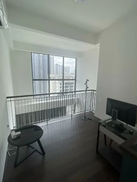 Room features: large floor-to-ceiling windows, wooden flooring, white painted walls, metal railing, small round table, computer desk, monitor, lamp, open space, city view; style: modern; view: city.