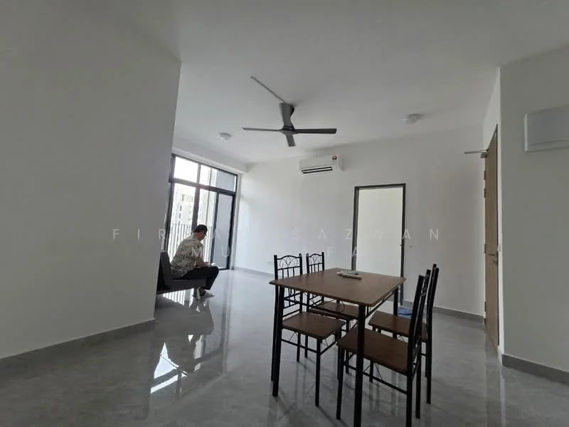 Living features: grey polished tile flooring, white painted walls, 5-blade ceiling fan, floor-to-ceiling windows, sliding glass door, dining table with four chairs, sofa, wall-mounted split AC; style: modern; view: city.
