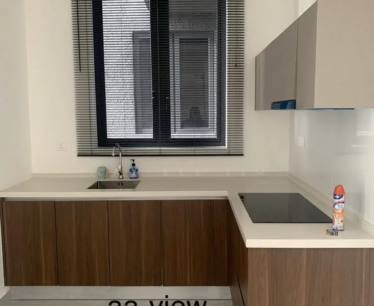 Kitchen features: single-bowl stainless-steel sink, chrome pull-down faucet, quartz countertop, brown cabinetry with flat-panel design, built-in cooktop, window with blinds, white walls, light-colored backsplash; style: modern.
