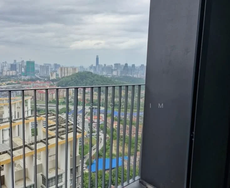 Room features: balcony with railing, city skyline view, grey concrete walls, floor-to-ceiling windows, outdoor flooring, cloudy sky; style: modern; view: city.