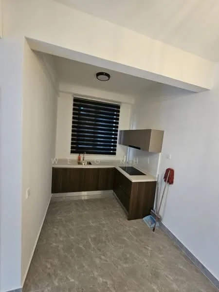 Kitchen features: white painted walls, grey marble tile flooring, ceiling light fixture, dark wood cabinetry, white countertop, single-bowl stainless-steel sink, chrome pull-down faucet, black window blinds, built-in kitchen unit, kitchen wall with no upper cabinets; style: modern.
