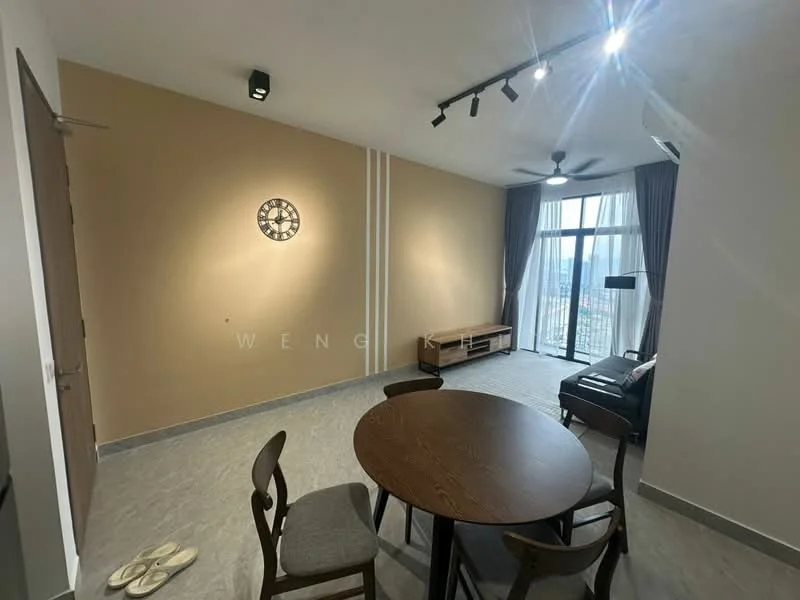 Living features: grey tile flooring, cream painted walls, track lighting, 5-blade ceiling fan, floor-to-ceiling windows, curtains, wooden coffee table, wooden TV console, wall clock, sofa, decorative wall features; style: modern; view: city.