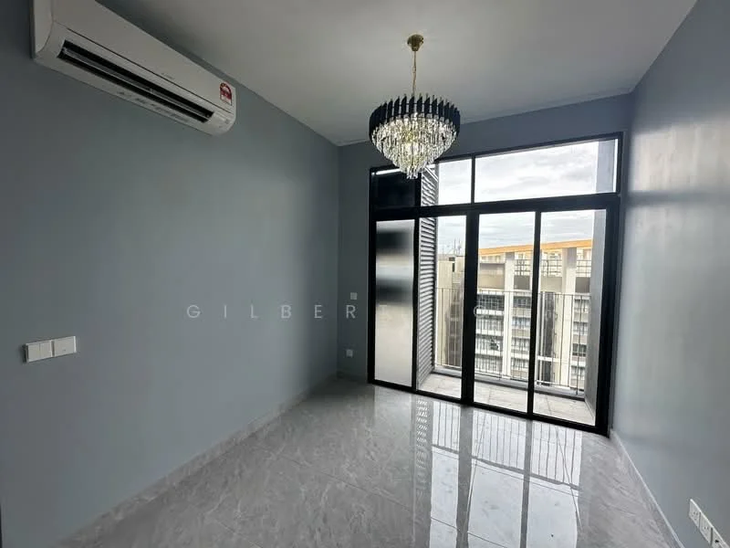 Room features: grey painted walls, marble tile flooring, 5-blade ceiling fan with light, chandelier, floor-to-ceiling windows, sliding glass door, air conditioning unit, natural light from windows; style: modern; view: city.