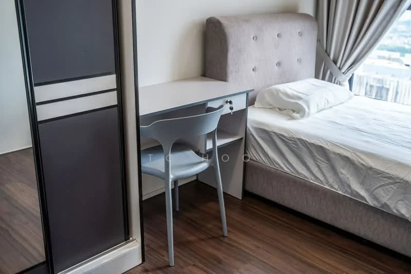 Bedroom features: queen-size bed with upholstered headboard, wooden flooring, desk with storage compartment, plastic chair, floor-to-ceiling window with curtains, built-in wardrobe with sliding doors, neutral wall color, decorative throw pillow; style: modern; view: city.