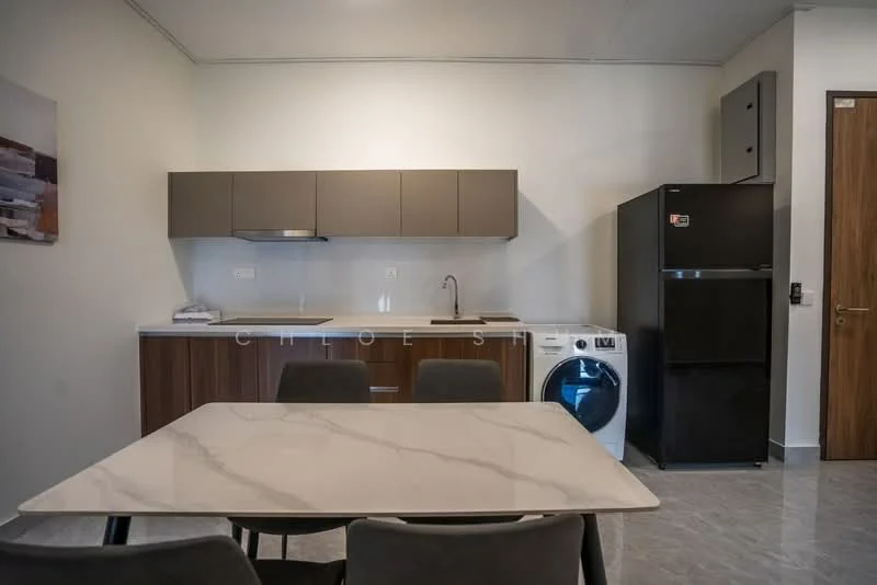 Kitchen features: white quartz countertop, grey flat-panel cabinets, stainless-steel sink, chrome pull-down faucet, built-in oven, black refrigerator, front-load washing machine, grey dining table, 4 dining chairs, light grey tile flooring, white painted walls, recessed downlights; style: modern.