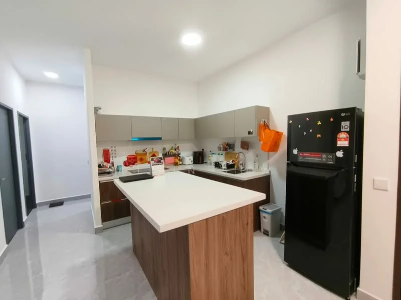 Kitchen features: white quartz countertop, wood cabinetry, black refrigerator, built-in oven, stainless-steel sink, chrome pull-down faucet, kitchen island with seating, ceramic tile flooring, recessed downlights, wall-mounted cabinets, open shelving, microwave, kettle, toaster; style: modern. Room features: white painted walls, grey doors, light grey flooring.