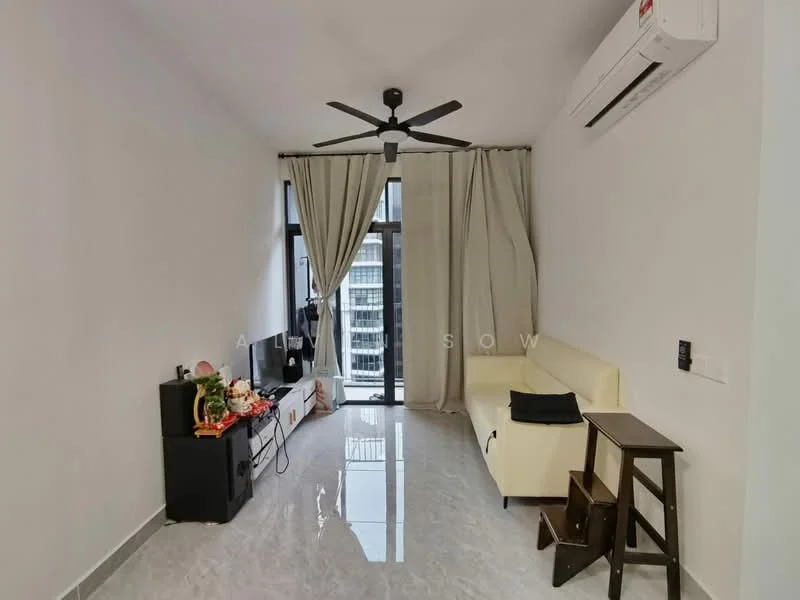 Living features: white painted walls, grey marble tile flooring, 5-blade ceiling fan with light, floor-to-ceiling windows, sheer curtains, air conditioning unit, light-colored sofa, wooden side table, decorative items on console table; style: modern; view: city.