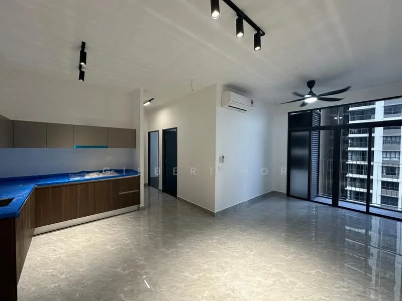 Kitchen features: blue countertop, wood cabinetry, stainless-steel sink, chrome faucet, built-in oven, 4-burner gas hob, exposed ductwork, open shelving; style: modern; view: city. Living features: marble tile flooring, 5-blade ceiling fan, wall-mounted split AC, floor-to-ceiling windows, sliding glass door, neutral painted walls, recessed downlights; style: modern; view: city.