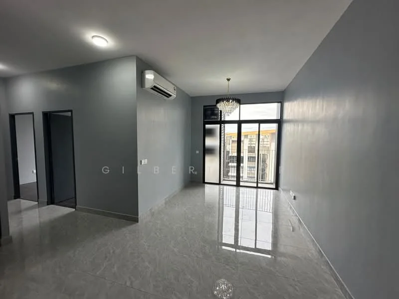 Room features: grey painted walls, marble tile flooring, 5-blade ceiling fan with light, floor-to-ceiling windows, sliding glass door, chandelier, wall-mounted split AC, open layout; style: modern; view: city.