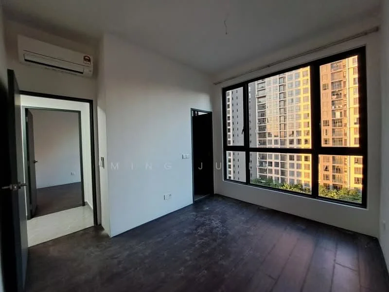Room features: wooden flooring, white painted walls, floor-to-ceiling windows, 1 wall-mounted split AC, mirror on wall, door leading to hallway, natural light from windows, city view from windows; style: modern; view: city.