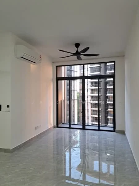 Living features: white painted walls, grey marble tile flooring, 5-blade ceiling fan, floor-to-ceiling windows, sliding glass door, air conditioning unit, natural light from windows, view of adjacent building; style: modern; view: city.