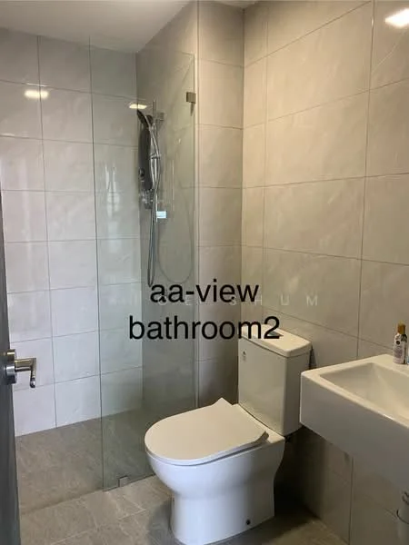 Bathroom features: grey ceramic tile flooring, white painted walls, walk-in shower with glass enclosure, chrome handheld shower head, toilet with soft-close lid, single-sink vanity with white cabinet, wall-mounted faucet, mirror above sink; style: modern.