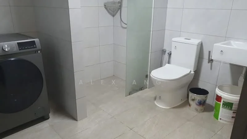 Laundry features: front-load washing machine, white toilet, sink with wall-mounted faucet, glass shower enclosure, grey tiled walls, light beige tiled flooring, storage bucket, wall-mounted shower head; style: modern.