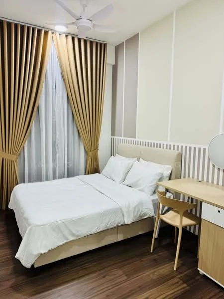 Bedroom features: queen-size bed with beige upholstered headboard, white bedding, wooden flooring, floor-to-ceiling window with sheer curtains, golden-brown drapes, study desk with chair, round mirror on desk, ceiling fan, decorative wall paneling, accent wall with vertical stripes; style: modern.
