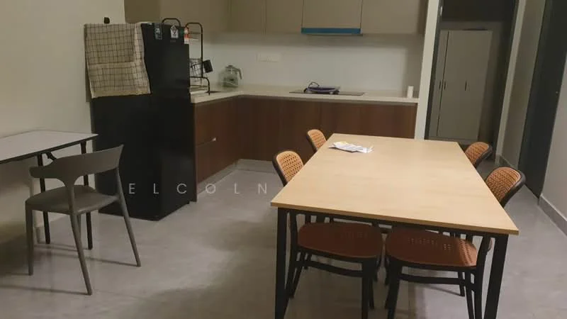 Kitchen features: grey cabinets, white countertop, black refrigerator, stainless-steel sink, chrome faucet, tile flooring, dining table with six chairs, wall-mounted shelves, kitchen utensils on countertop, open space layout; style: modern. Dining features: dining table with six chairs, light wood table, woven seat chairs; style: modern.