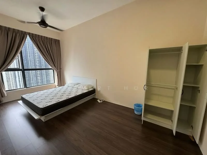 Bedroom features: queen-size bed, wooden flooring, floor-to-ceiling windows, curtains, ceiling fan, built-in wardrobe, white walls, decorative wall panel; style: modern; view: city.