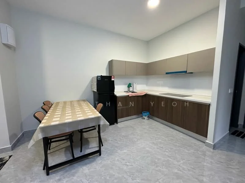 Kitchen features: L-shaped kitchen layout, brown cabinetry with flat-panel doors, white countertop, stainless-steel fridge, built-in sink, chrome faucet, dining table with beige tablecloth, 4 dining chairs, grey tile flooring, white painted walls, recessed ceiling lights, wall-mounted split AC; style: modern.
