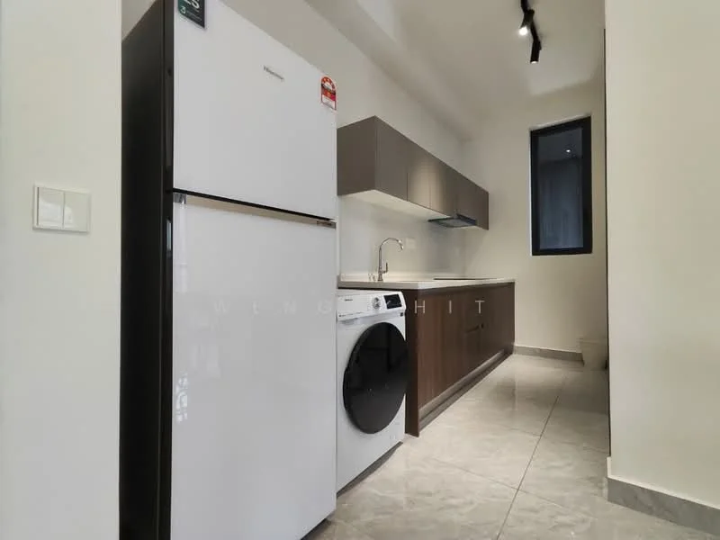 Kitchen features: white refrigerator, front-load washing machine, brown cabinetry, grey countertop, single-bowl stainless-steel sink, chrome pull-down faucet, wall-mounted cabinets, tile flooring, recessed downlights, window with black frame; style: modern.
