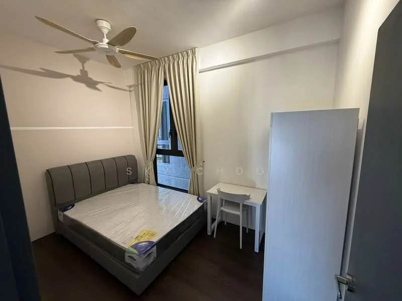 Bedroom features: queen-size bed, upholstered headboard, white bedding, 5-blade ceiling fan, curtains, wooden flooring, study desk, white chair, built-in wardrobe, window with view; style: modern.