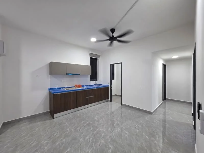 Kitchen features: blue countertop, wood cabinetry, stainless-steel sink, chrome faucet, wall-mounted split AC, 5-blade ceiling fan, marble tile flooring, white painted walls, recessed LED downlights; style: modern. Room features: white painted walls, marble tile flooring, doorway leading to hallway, doorway leading to another room.