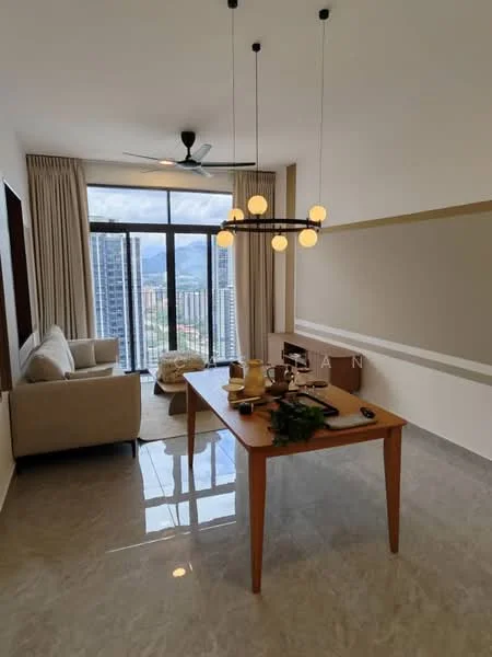 Living features: 3-seater fabric sofa in beige, coffee table, pendant light with multiple bulbs, floor-to-ceiling windows, city view, marble tile flooring, curtains, ceiling fan, decorative wall with two-tone paint; style: modern; view: city.